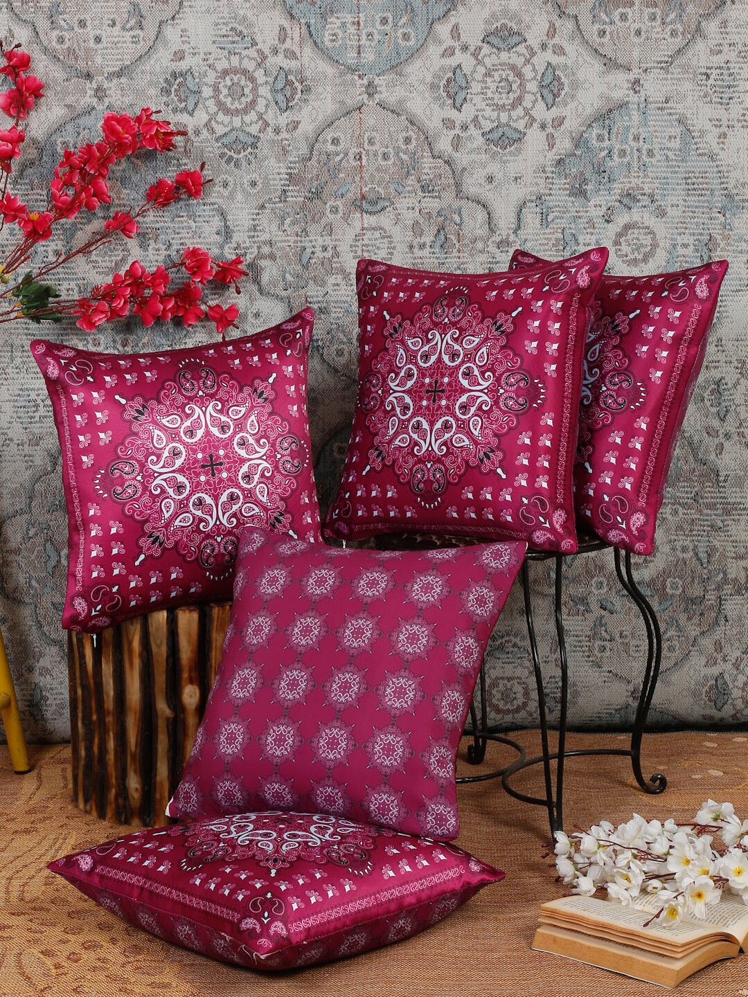 

Alina decor Pink & White Set of 5 Ethnic Motifs Square Cushion Covers