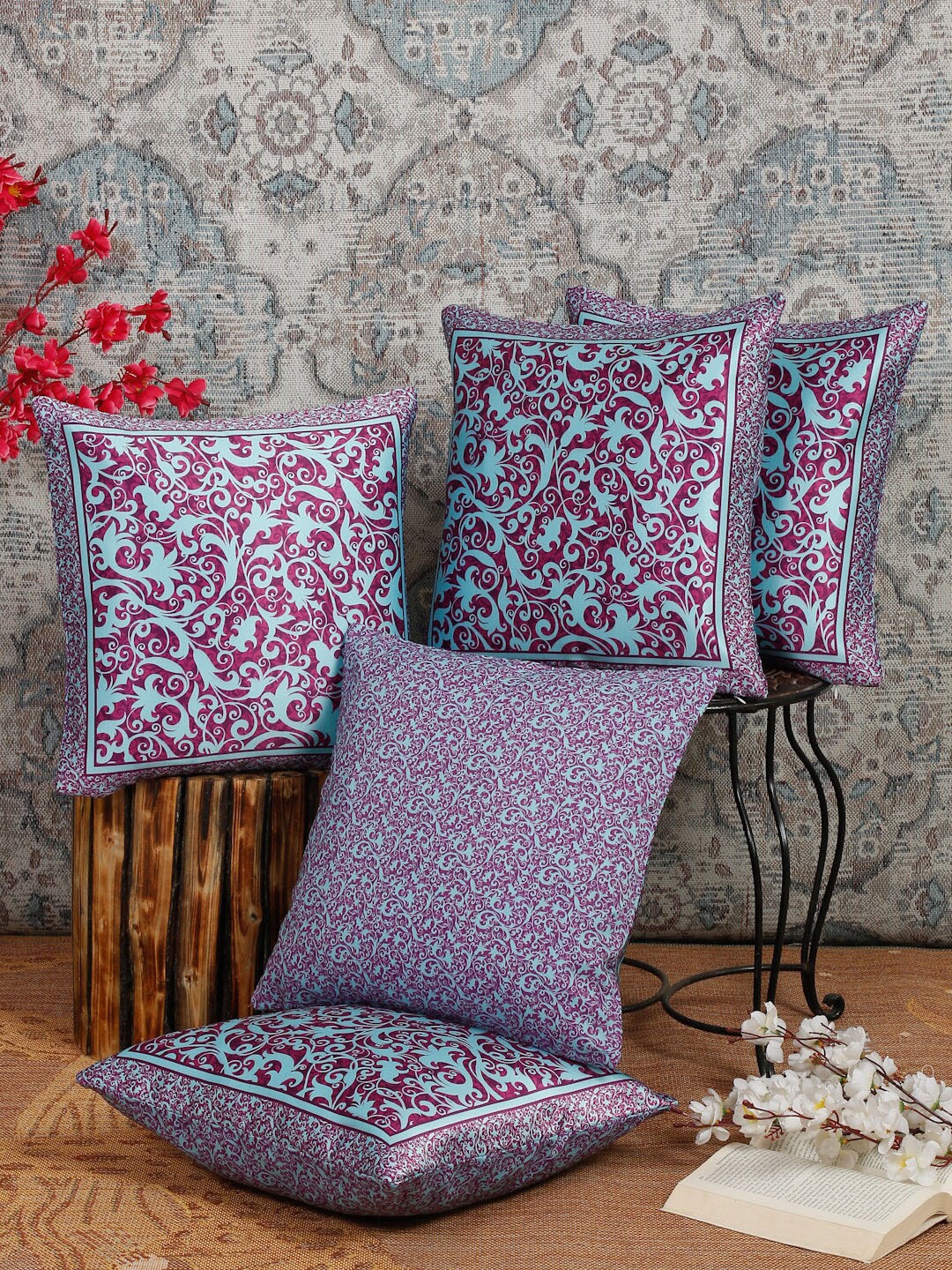 

Alina decor Pink & Blue 5 Pieces Ethnic Motifs Square Cushion Covers