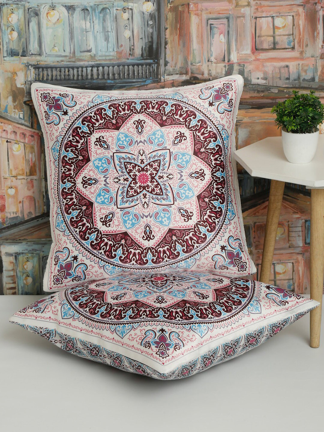 

Alina decor Beige & Maroon 2 Pieces Ethnic Motifs Square Cushion Covers