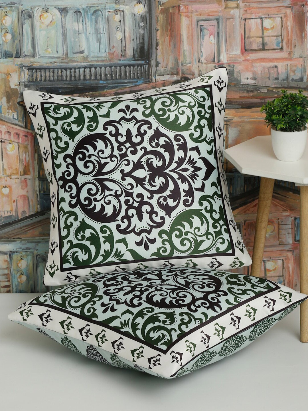 Alina decor Green & Black 2 Pieces Ethnic Motifs Square Cushion Covers