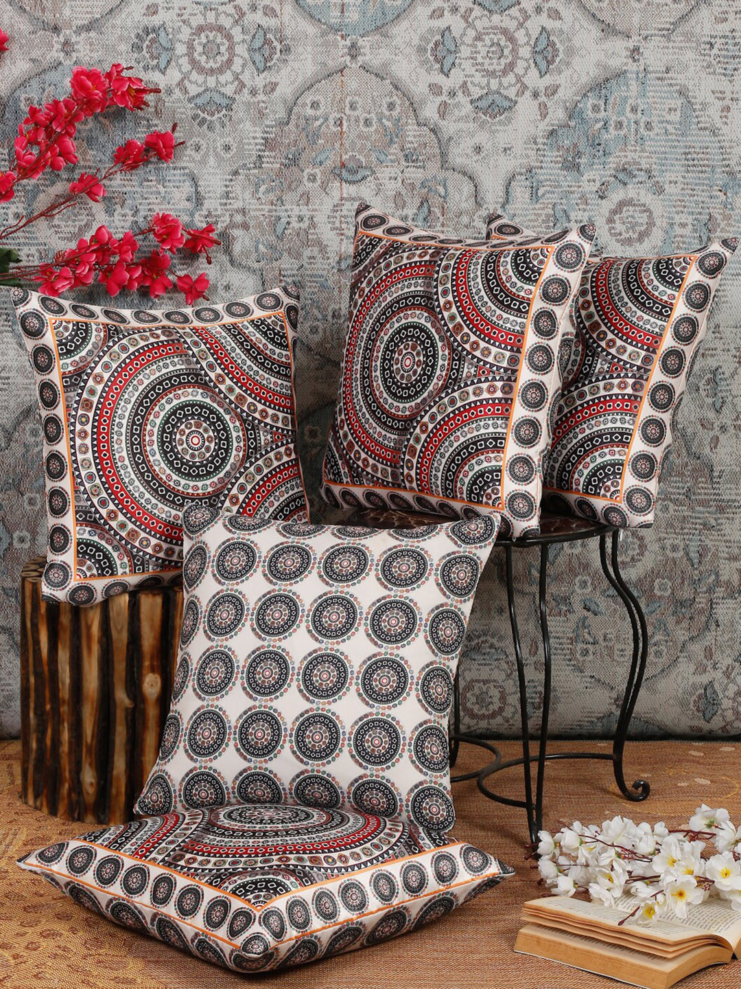 

Alina decor Red & Black 5 Pieces Ethnic Motifs Square Cushion Covers
