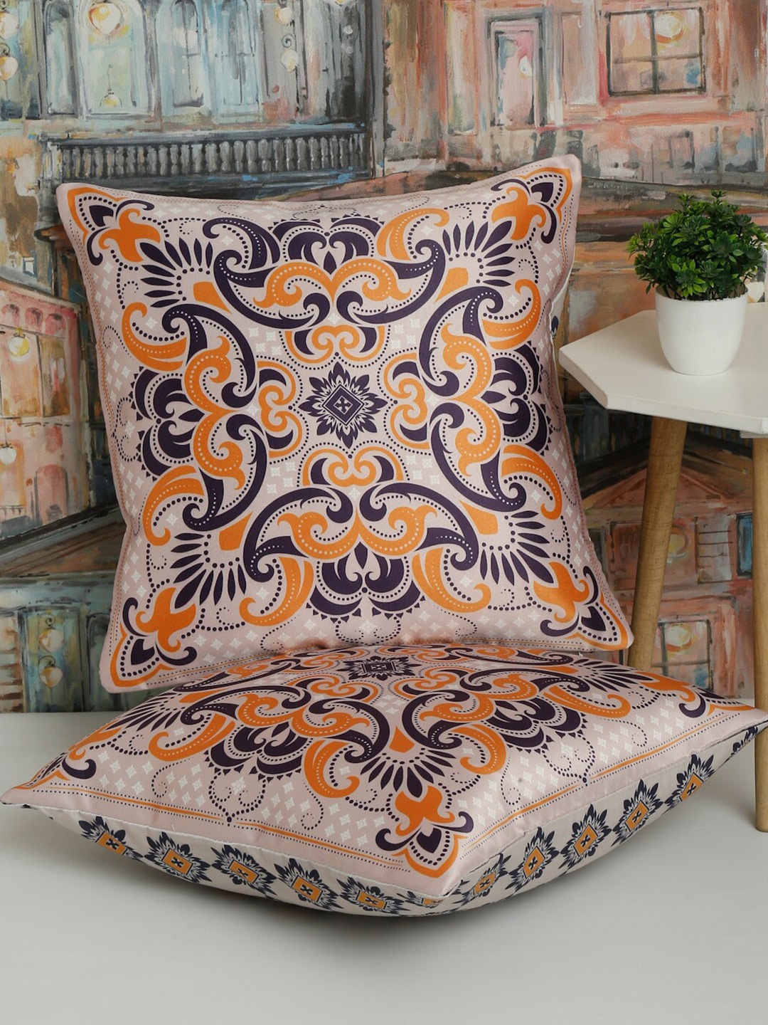 

Alina decor Blue & Orange 2 Pieces Ethnic Motifs Square Cushion Covers