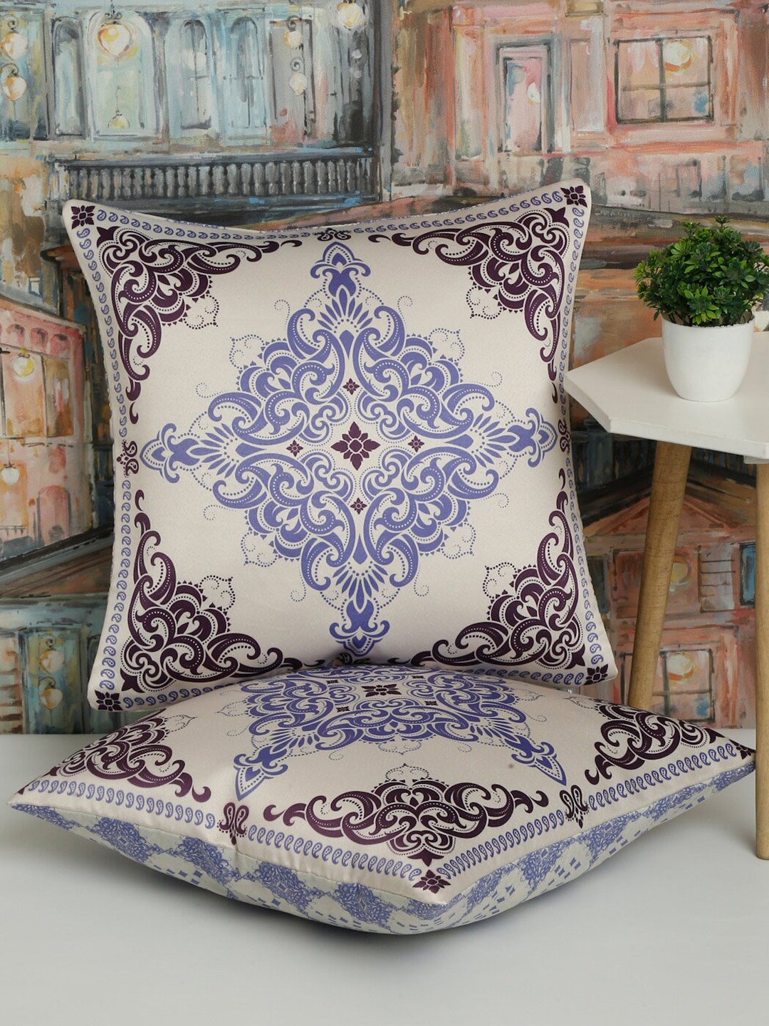 Alina decor Purple & Beige 2 Pieces Ethnic Motifs Square Cushion Covers