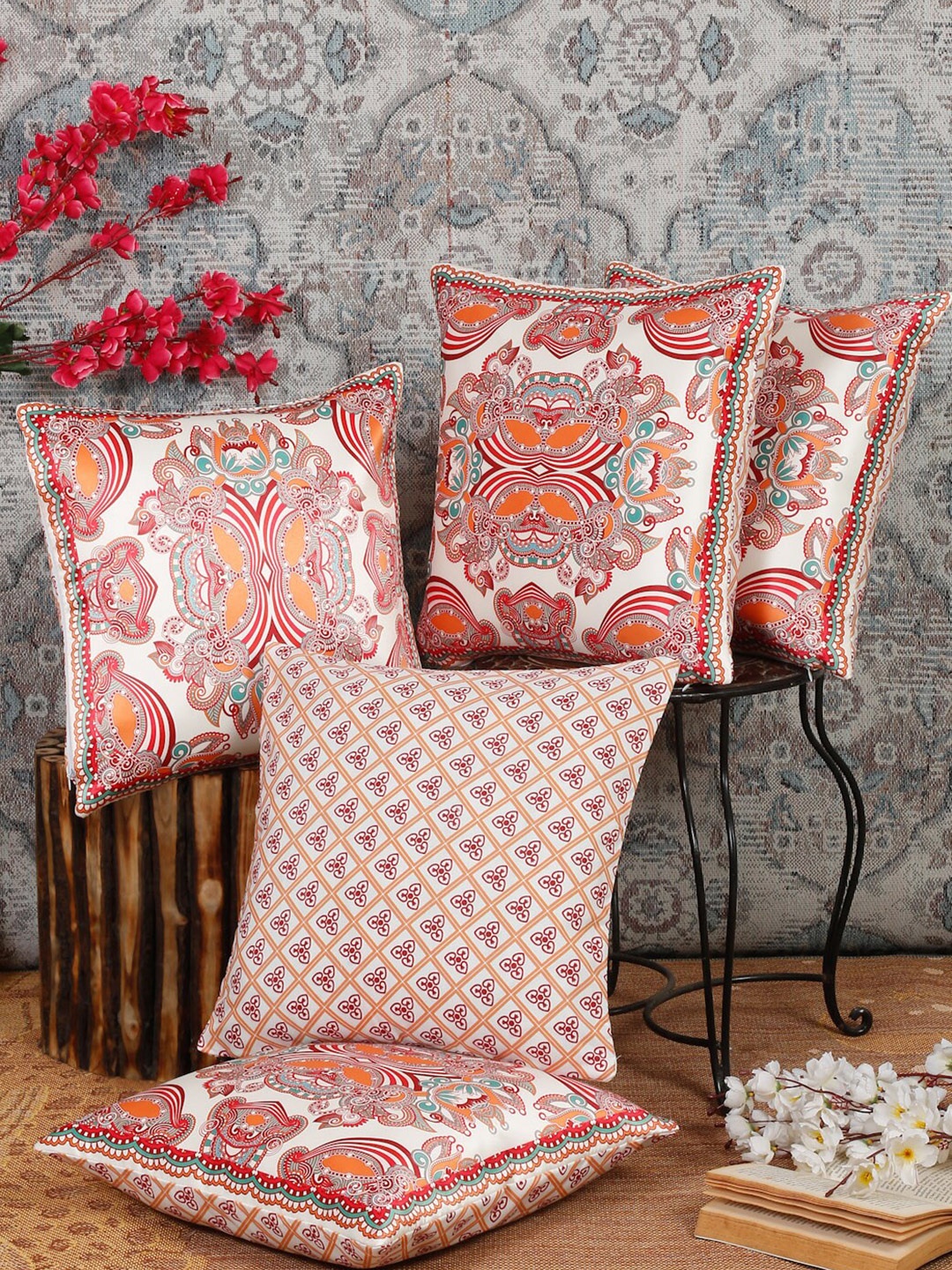 

Alina decor Red & White 5 Pieces Ethnic Motifs Square Cushion Covers