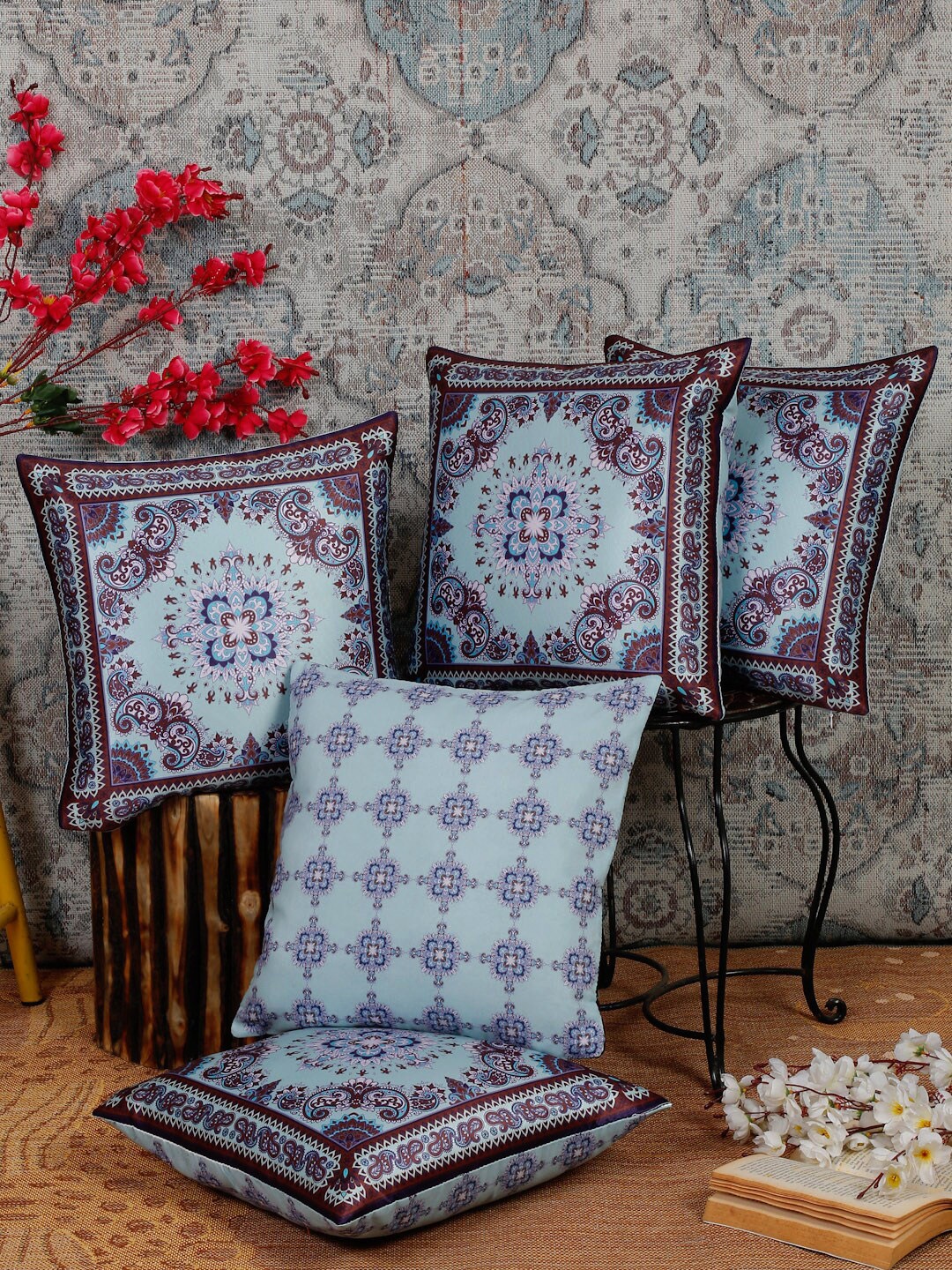 

Alina decor Blue & White 5 Pieces Ethnic Motifs Square Cushion Covers