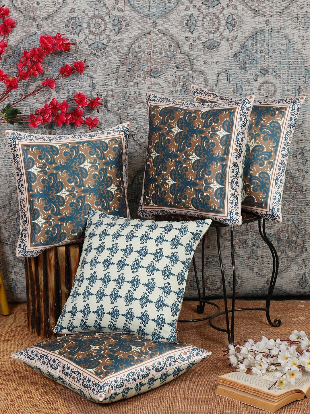 

Alina decor Blue & White 5 Pieces Ethnic Motifs Square Cushion Covers