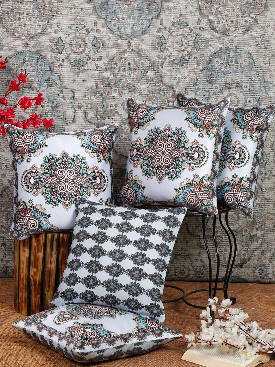

Alina decor White & Blue 5 Pieces Ethnic Motifs Square Cushion Covers