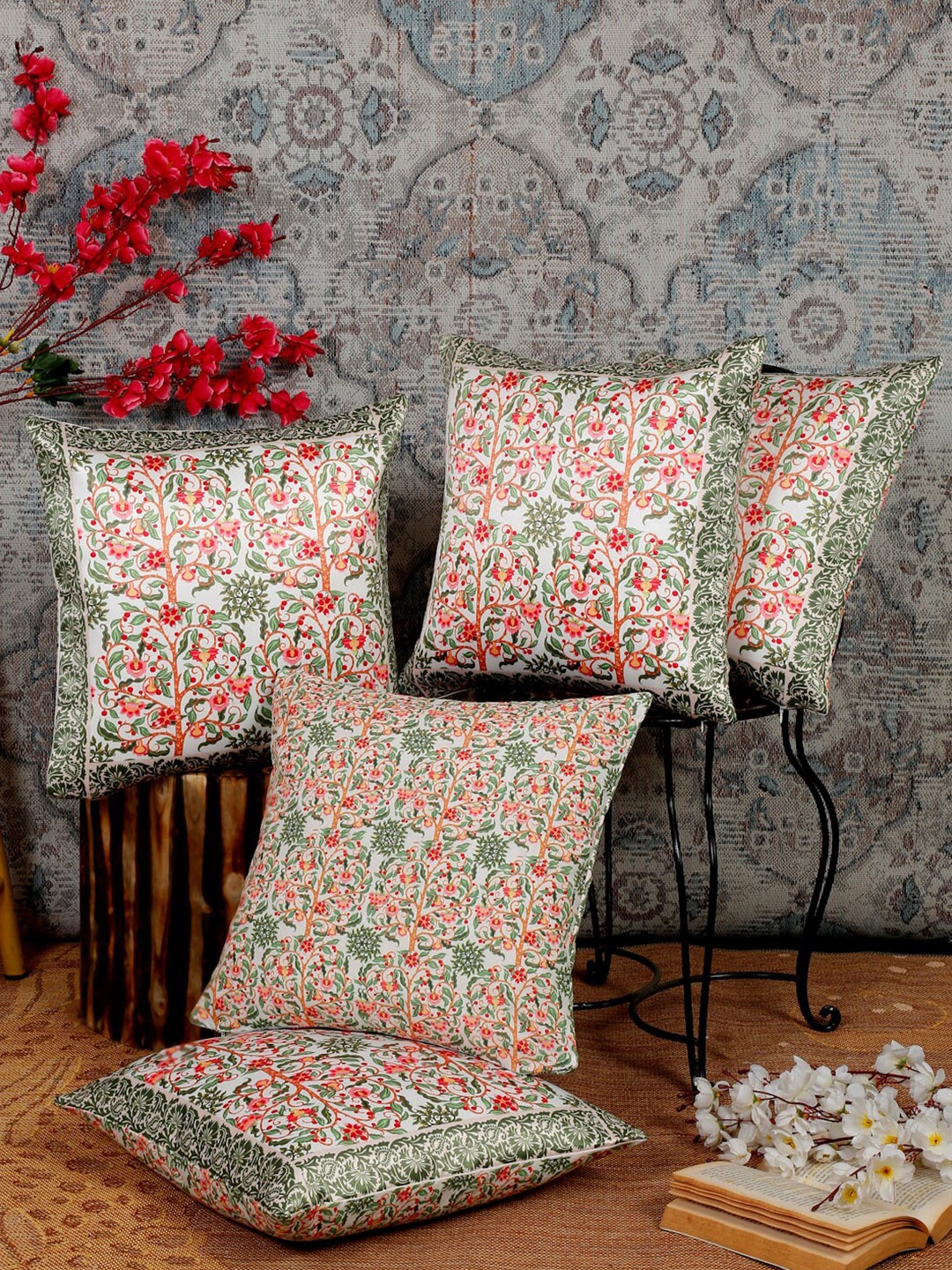 

Alina decor Orange & Green 5 Pieces Ethnic Motifs Square Cushion Covers