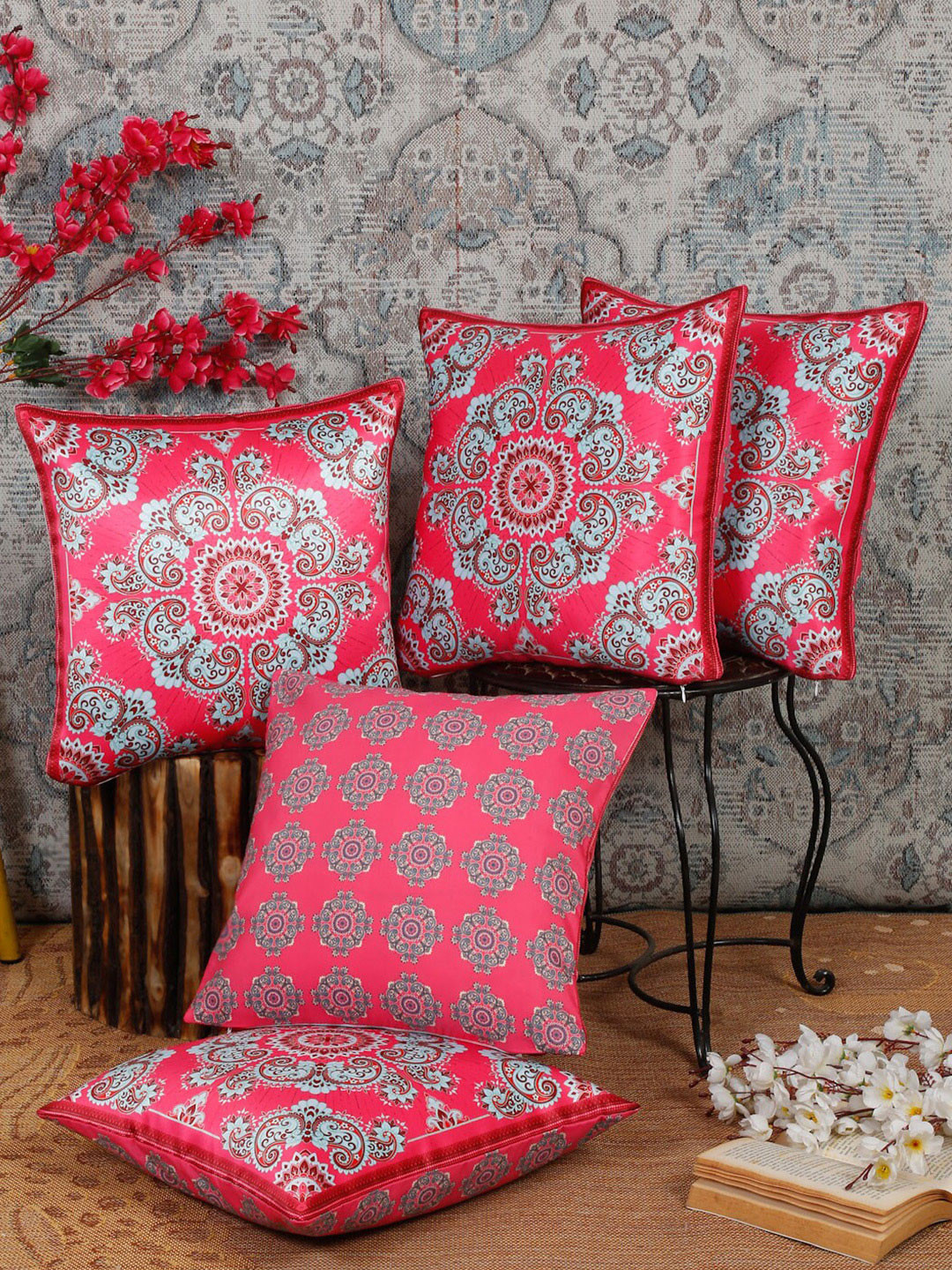 

Alina decor Red & Blue 5 Pieces Ethnic Motifs Square Cushion Covers