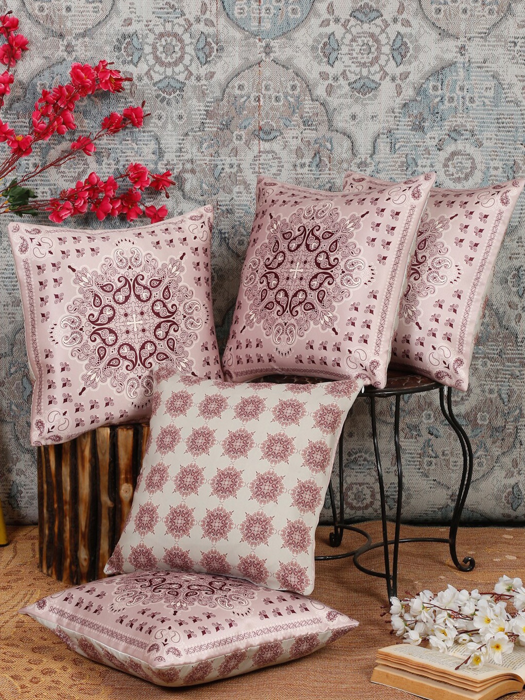 

Alina decor Maroon & White 5 Pieces Ethnic Motifs Square Cushion Covers