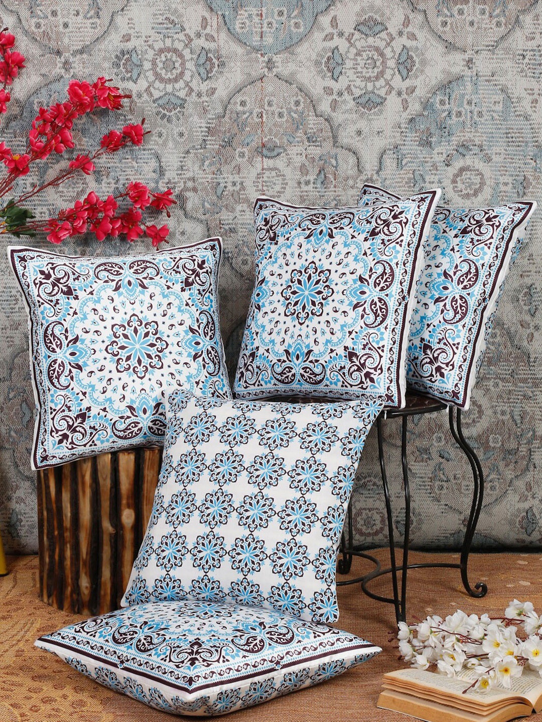Alina decor Blue & Purple 5 Pieces Ethnic Motifs Square Cushion Covers