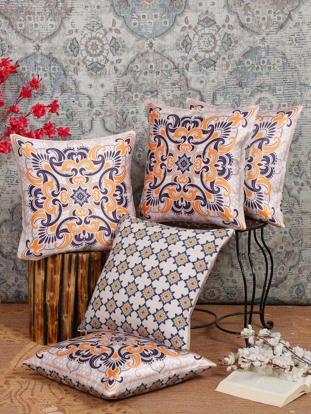 Alina decor Blue & Orange 5 Pieces Ethnic Motifs Square Cushion Covers