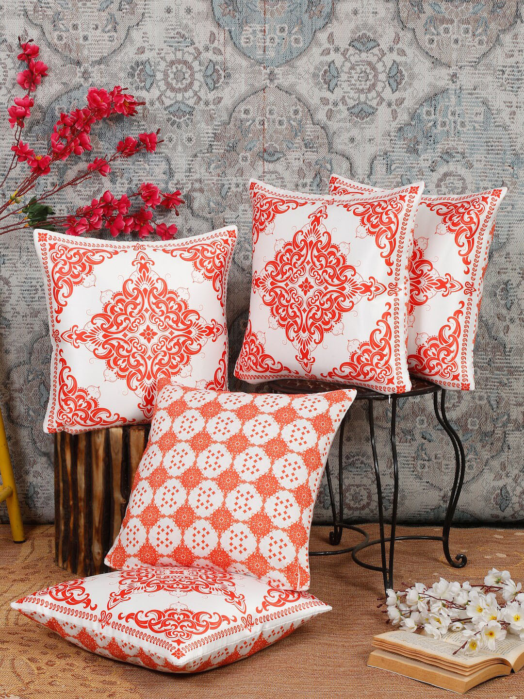 

Alina decor Orange & White 5 Pieces Ethnic Motifs Square Cushion Covers