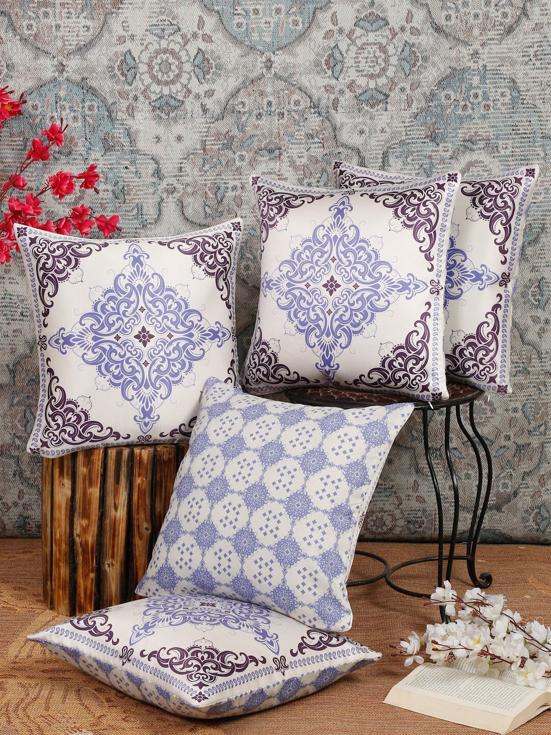 Alina decor Purple & Beige 5 Pieces Ethnic Motifs Square Cushion Covers