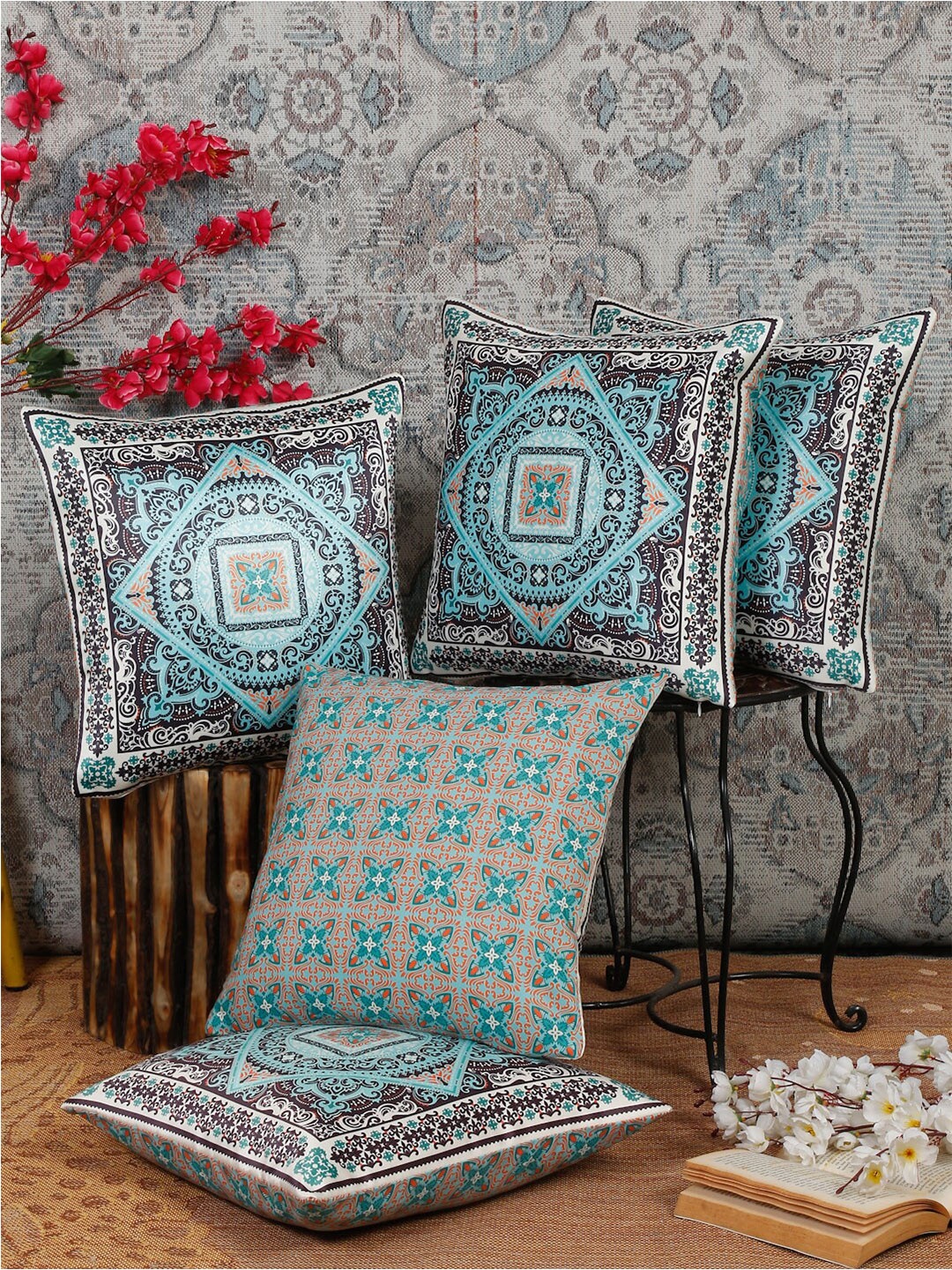 

Alina decor Blue & Orange 5 Pieces Ethnic Motifs Square Cushion Covers