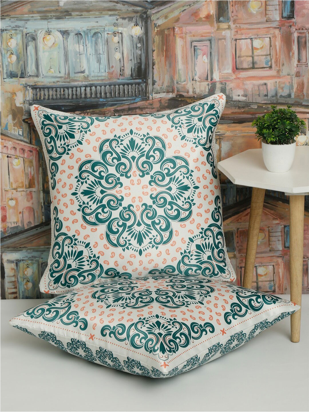 Alina decor Green & White 2 Pieces Ethnic Motifs Square Cushion Covers