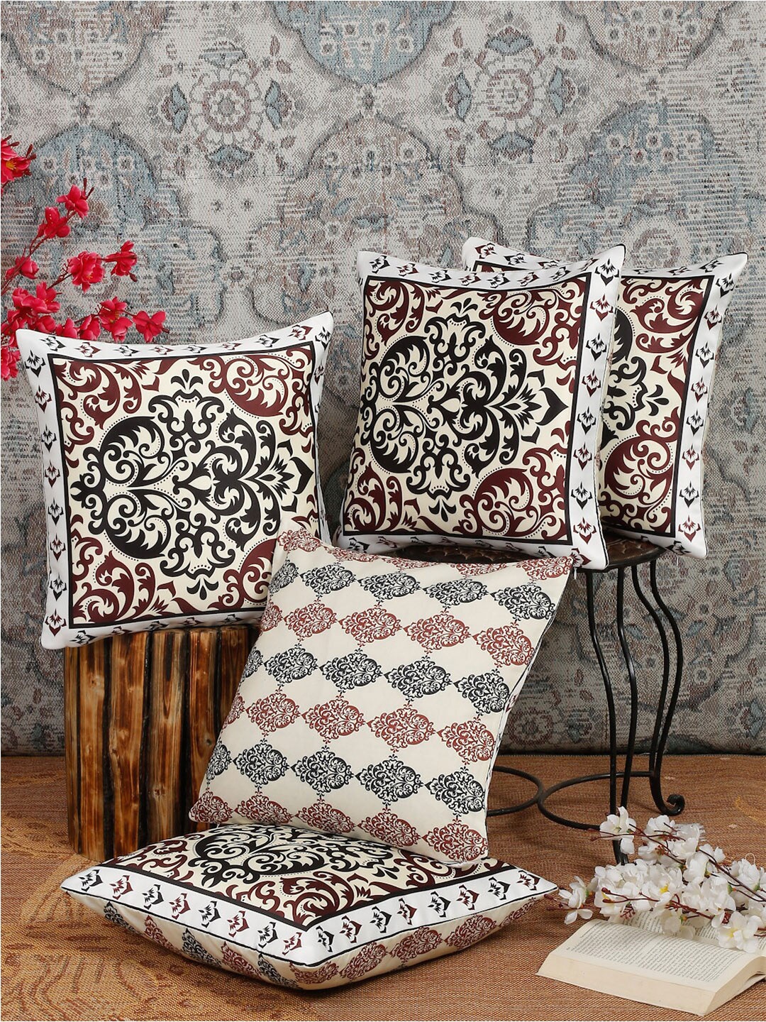 

Alina decor Maroon & Black 5 Pieces Ethnic Motifs Square Cushion Covers