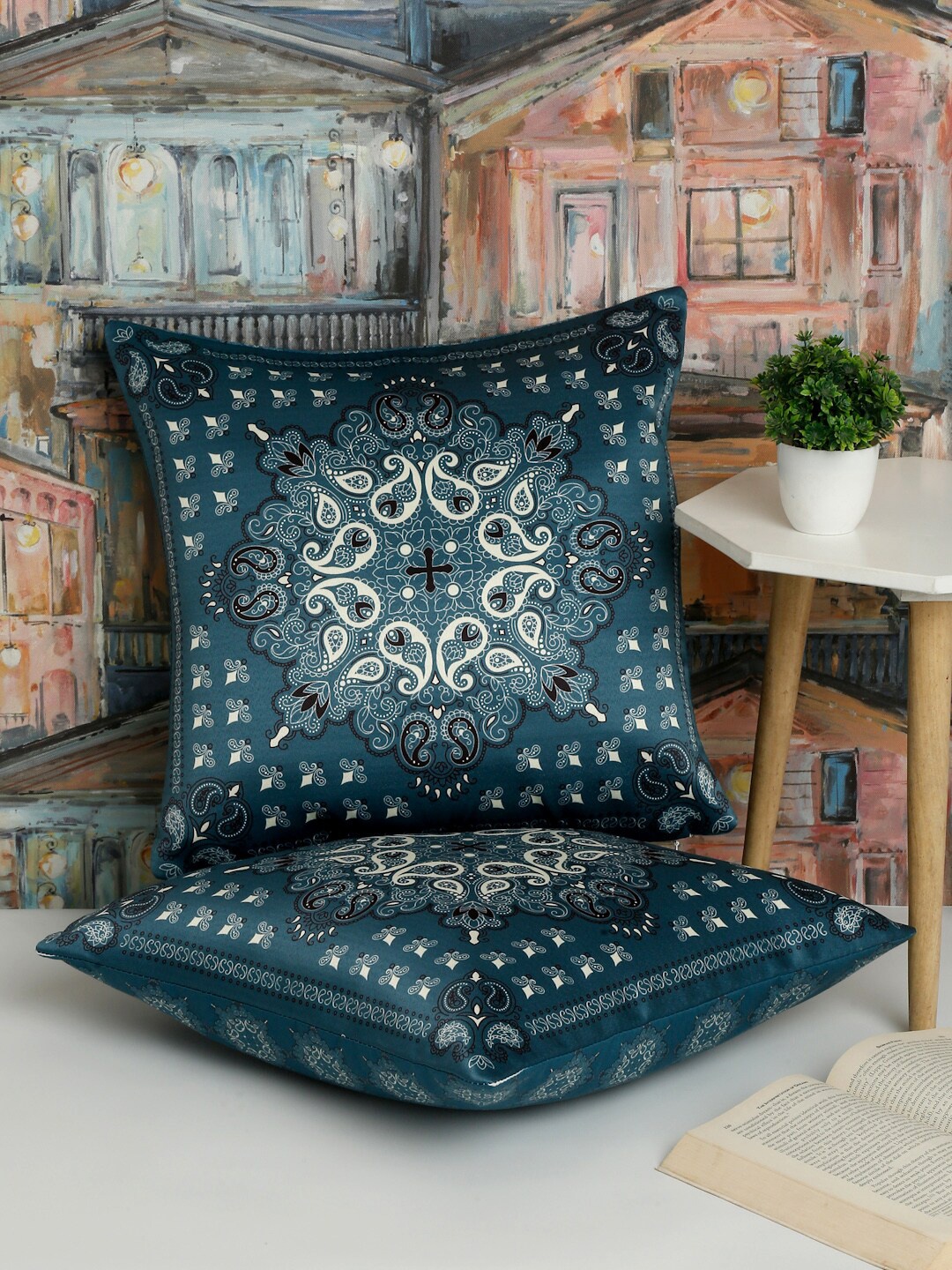 

Alina decor Green & White 2 Pieces Ethnic Motifs Square Cushion Covers