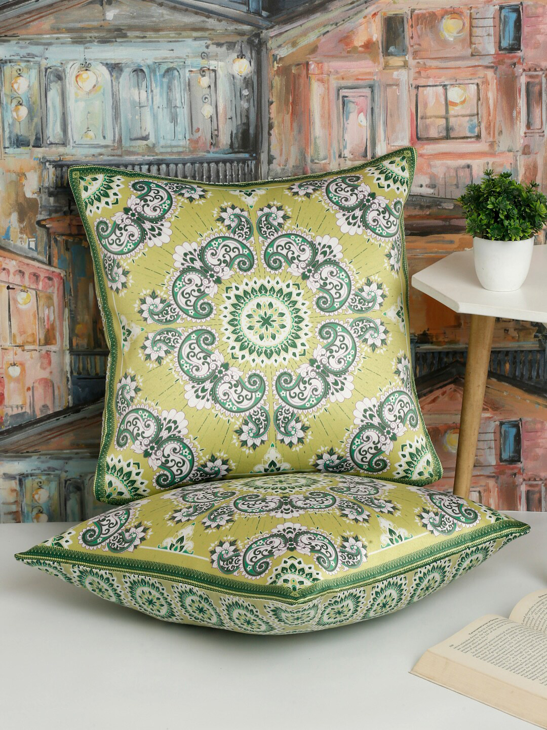 

Alina decor Green & White 2 Pieces Ethnic Motifs Square Cushion Covers
