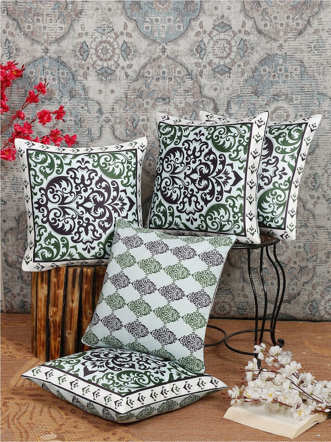 Alina decor Green & Black 5 Pieces Ethnic Motifs Square Cushion Covers