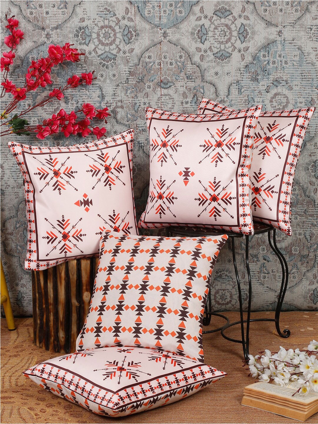 Alina decor Beige & Red 5 Pieces Ethnic Motifs Square Cushion Covers