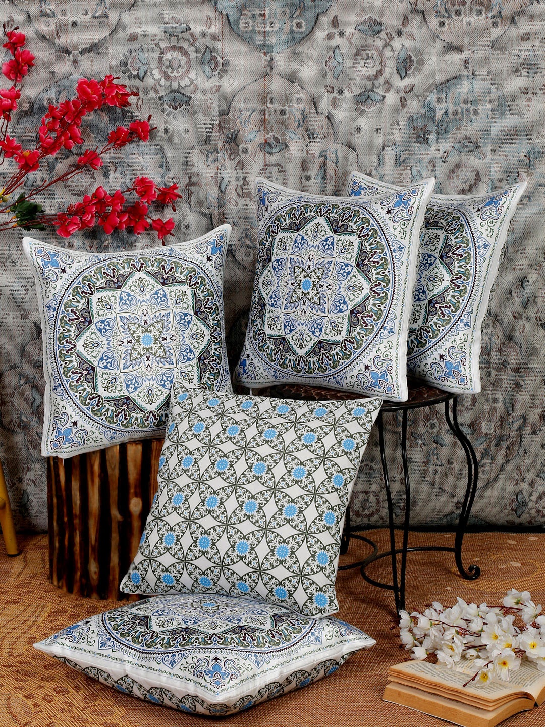 Alina decor Blue & Green 5 Pieces Ethnic Motifs Square Cushion Covers