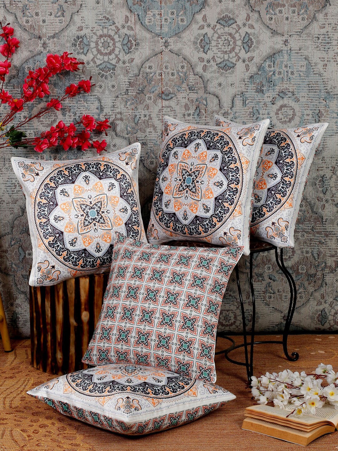 

Alina decor Yellow & White 5 Pieces Ethnic Motifs Square Cushion Covers