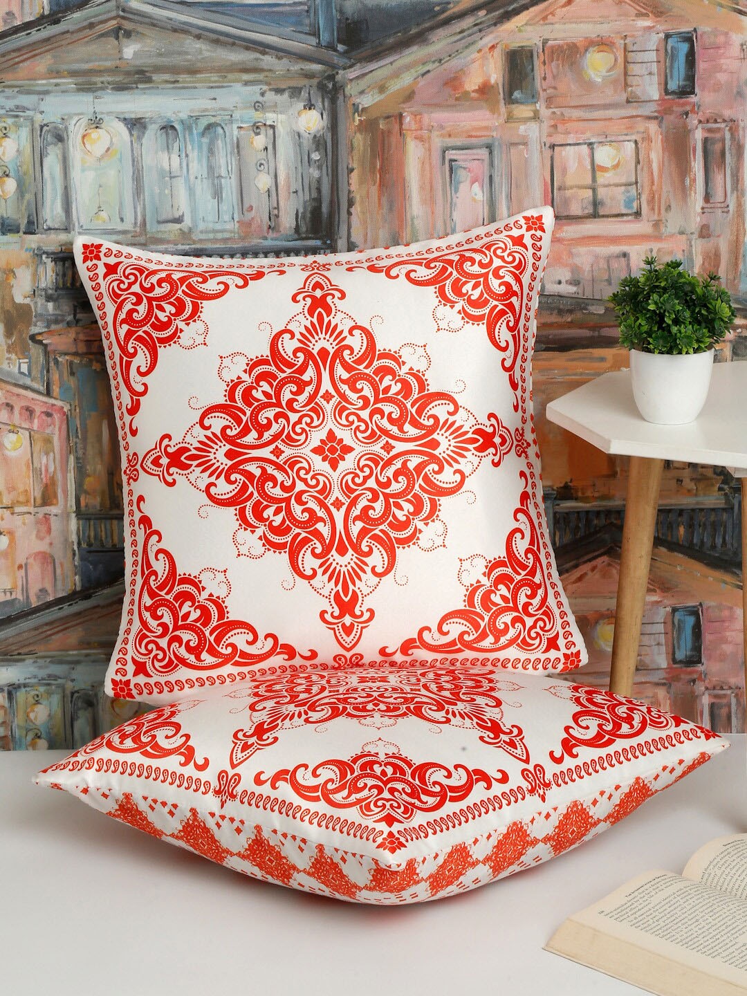 

Alina decor Orange & White 2 Pieces Ethnic Motifs Square Cushion Covers