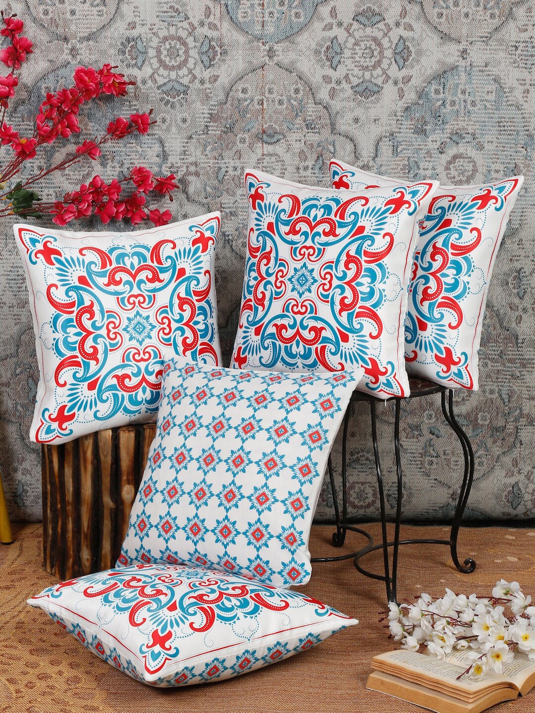 

Alina decor Red & Blue 5 Pieces Ethnic Motifs Square Cushion Covers