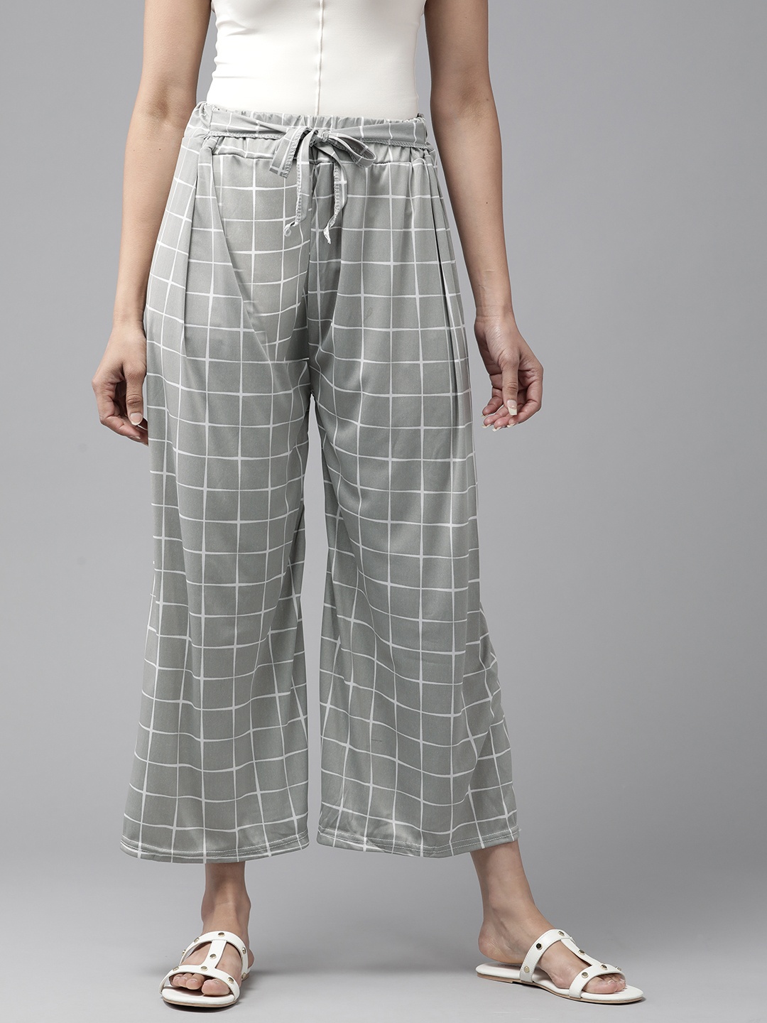 

Aarika Checked Chambray Cropped Palazzos With Tie-Up Detail, Grey