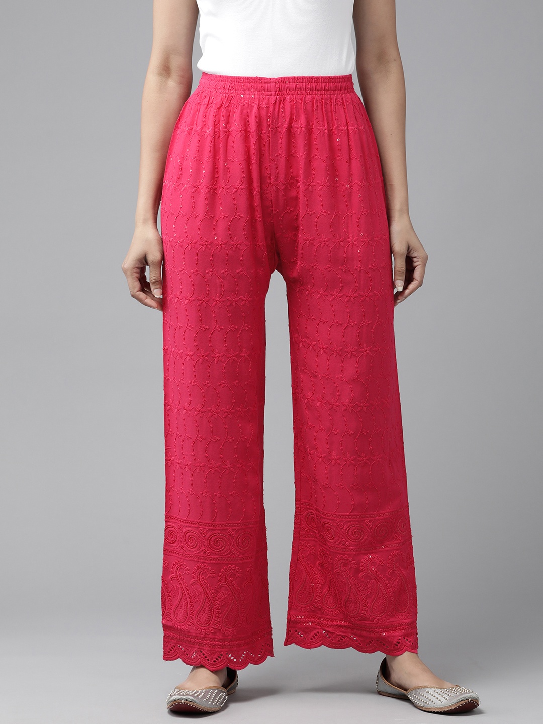 

Aarika Floral Embroidered Chambray Ethnic Palazzos, Pink