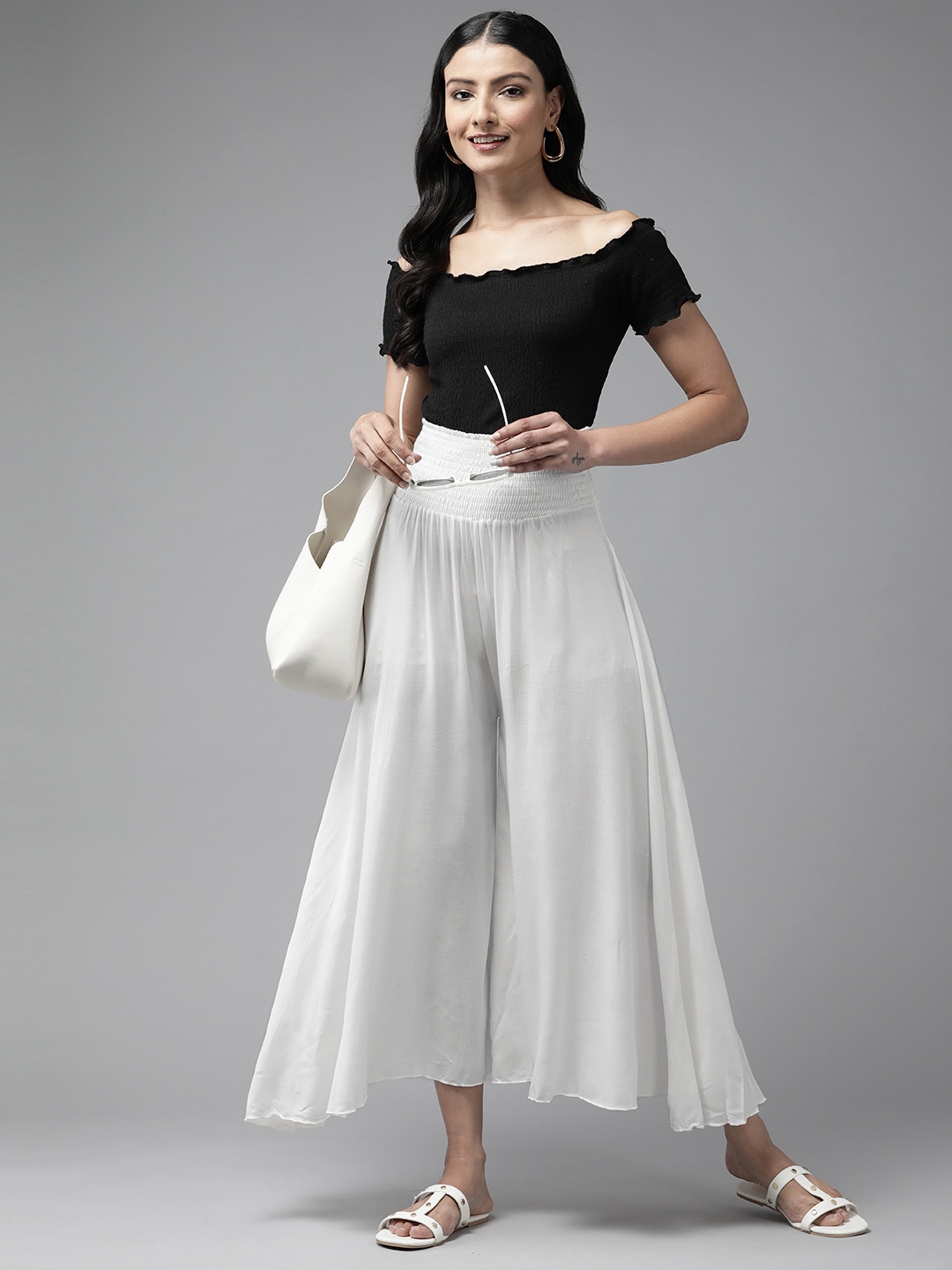 

Aarika Flared Chambray Cropped Palazzos, White