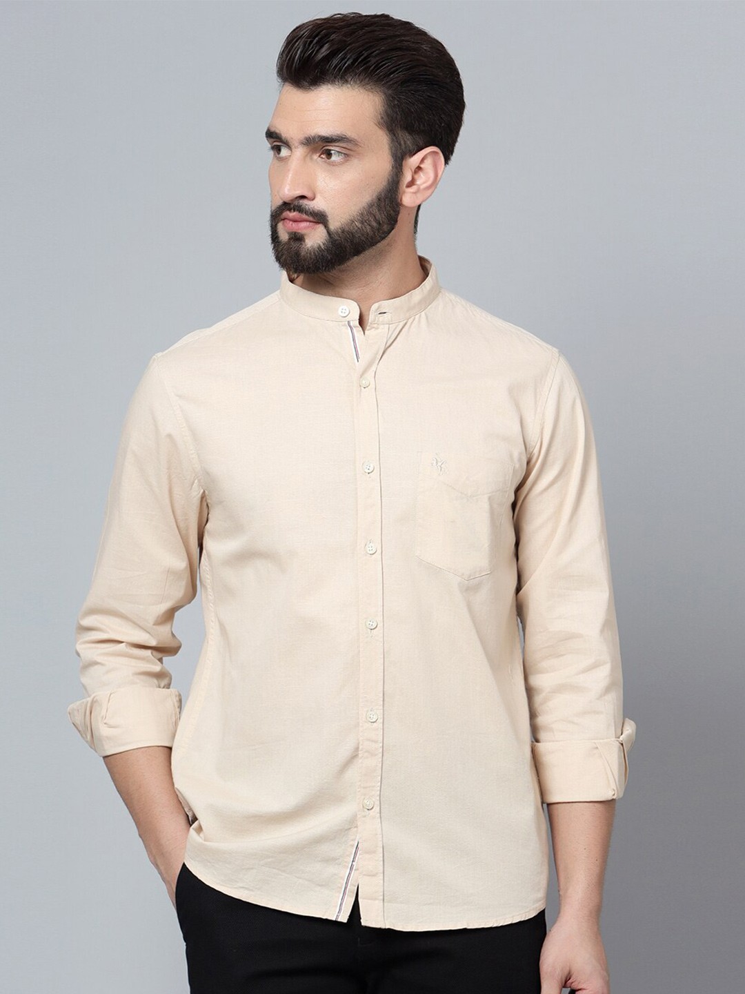 

Cantabil Mandarin Collar Cotton Casual Shirt, Beige