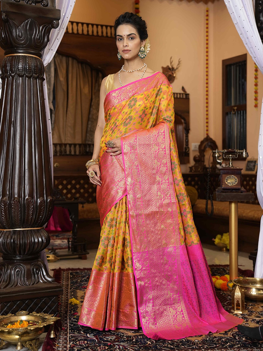 

elora Floral Woven Design Zari Organza Bhagalpuri Saree, Yellow