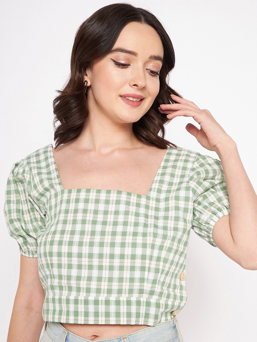 

Madame Checked Puff Sleeve Boxy Crop Top, Green