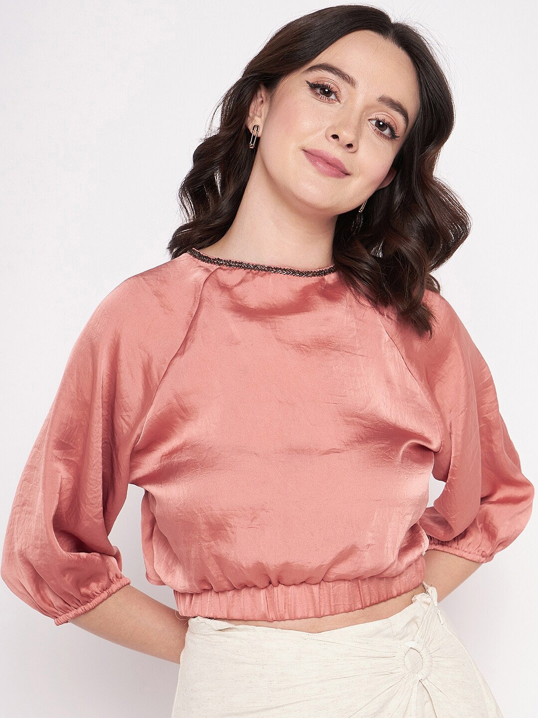 

Madame Three-Fourth Raglan Sleeves Gathered Waist Blouson Top, Peach