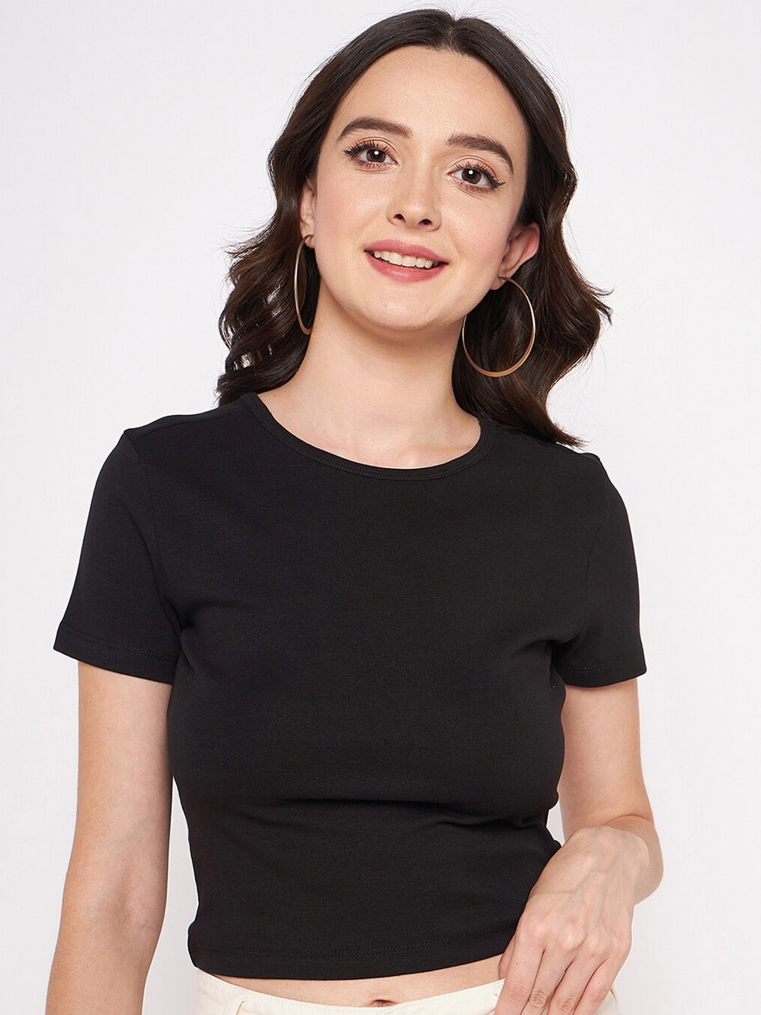 

Madame Round Neck Short Sleeves Cotton Crop Top, Black