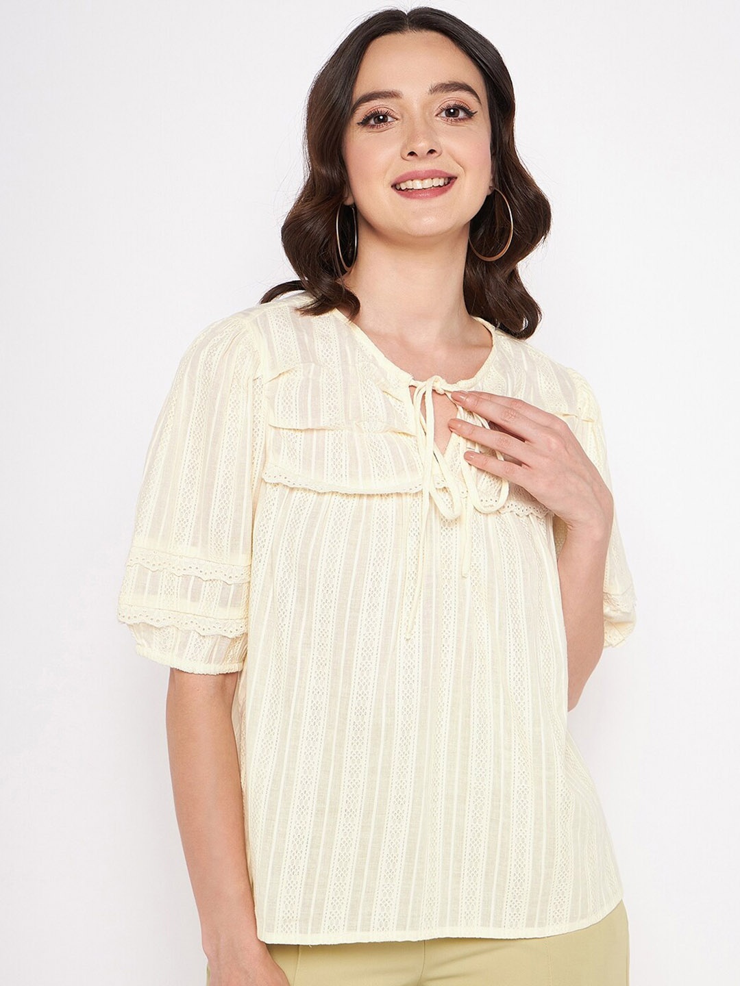 

Madame Self Design Tie-Up Neck Puff Sleeves Top, Beige