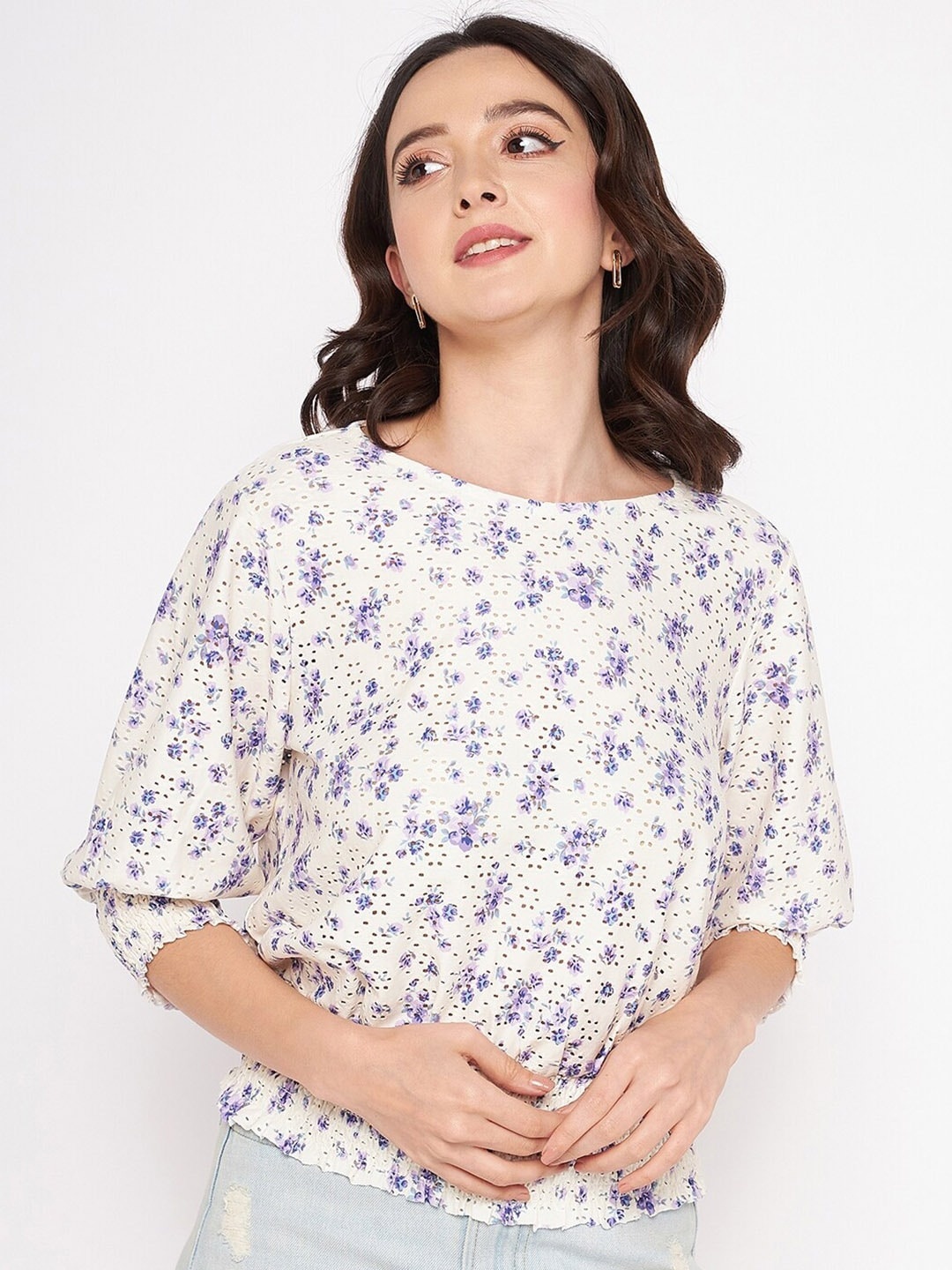 

Madame Floral Printed Cotton Top, White