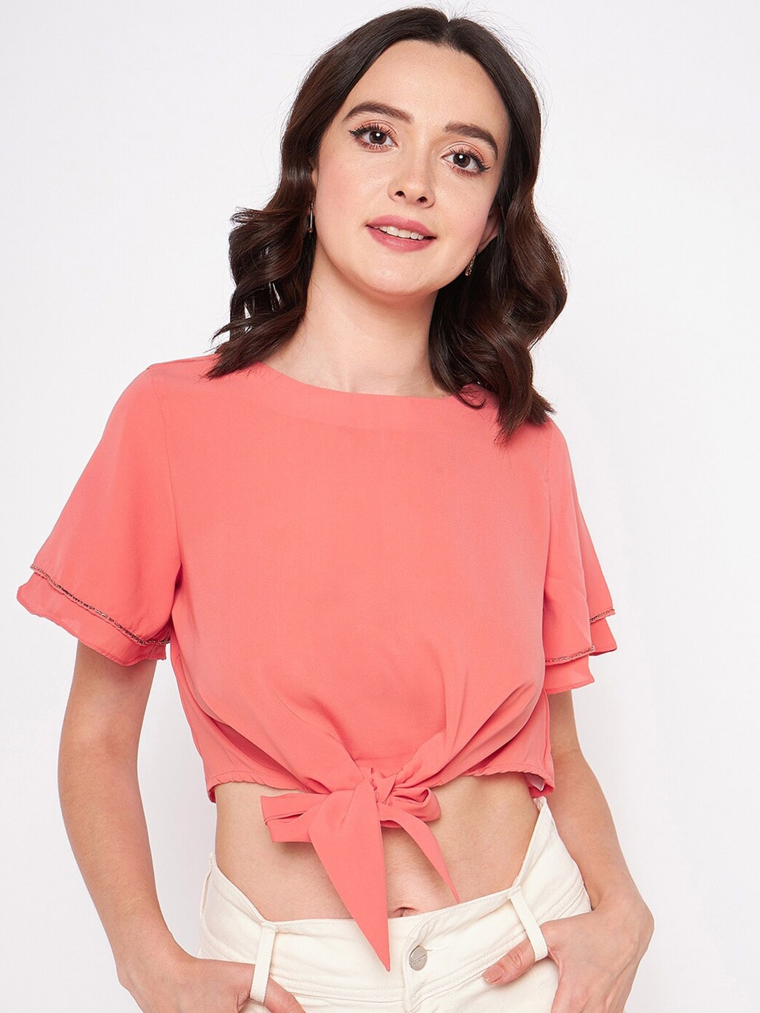 

Madame Flutter Sleeves Waist Tie-Up Crop Top, Coral