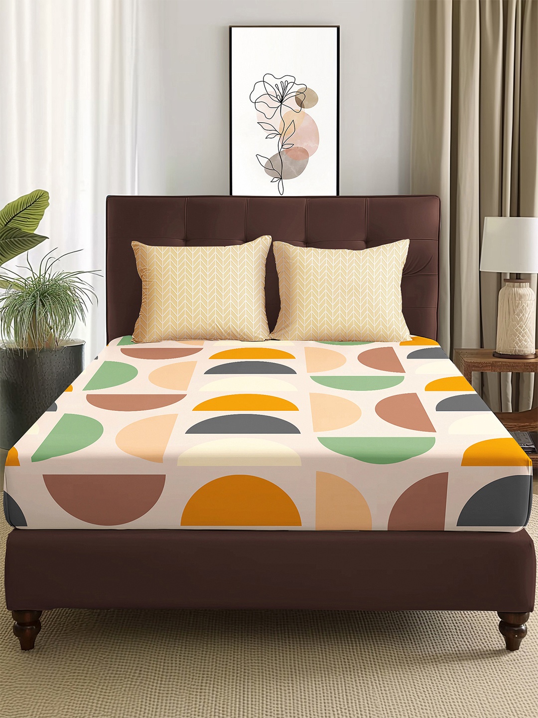 

Story@home Arena Cream-Coloured & Green Printed 180 TC Queen Bedsheet & 2 Pillow Covers