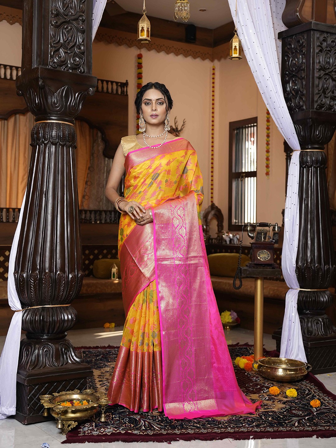 

elora Floral Woven Design Zari Organza Bhagalpuri Saree, Yellow