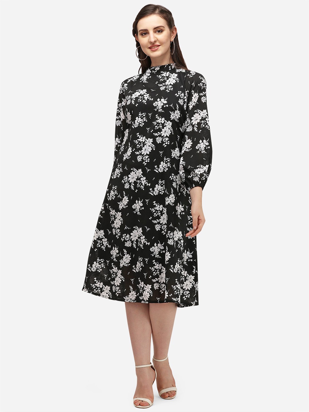 

KALINI Floral Print Puff Sleeve Georgette Fit & Flare Midi Dress, Black