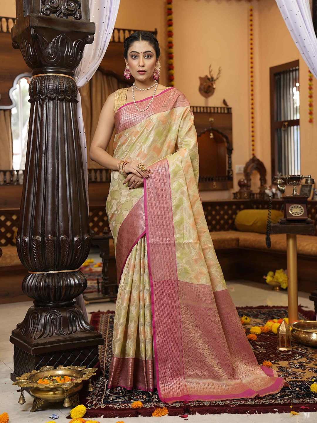 

elora Woven Design Zari Organza Bhagalpuri Saree, Beige