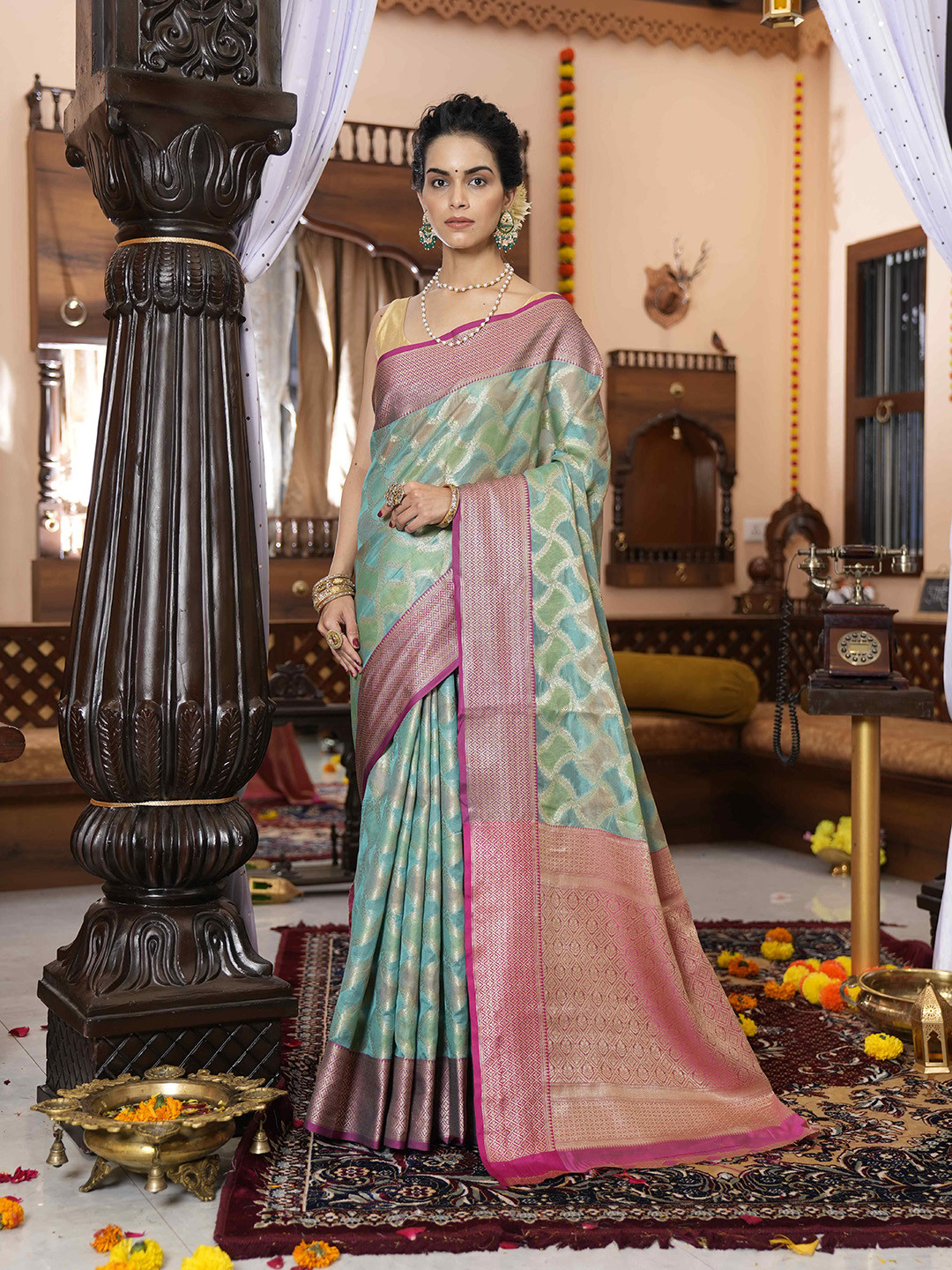 

elora Blue & Pink Woven Design Zari Organza Bhagalpuri Saree