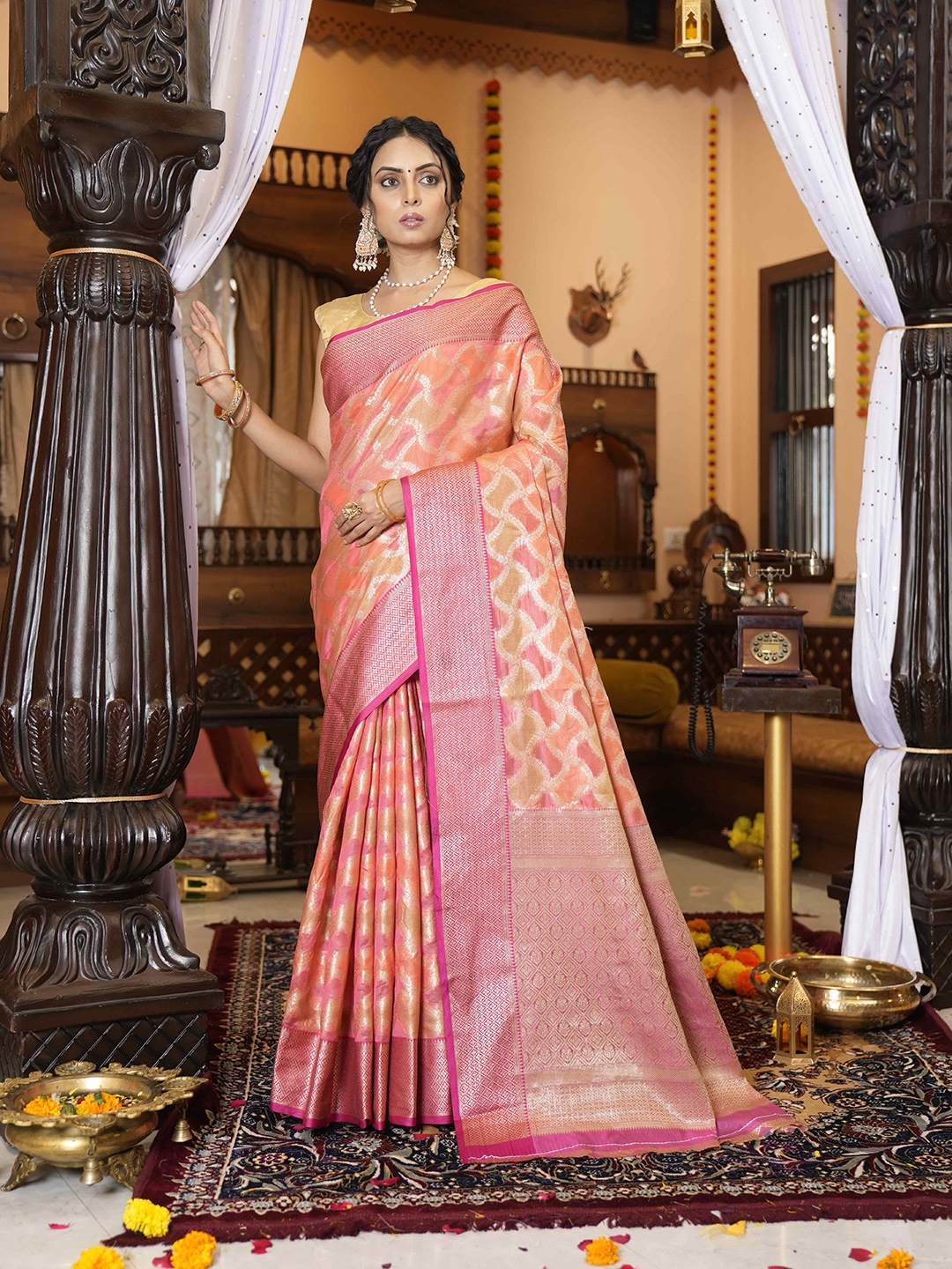 

elora Pink & Silver-Toned Woven Design Zari Organza Bhagalpuri Saree