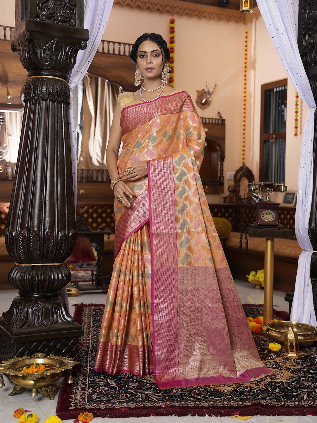 

elora Woven Design Zari Organza Bhagalpuri Saree, Orange