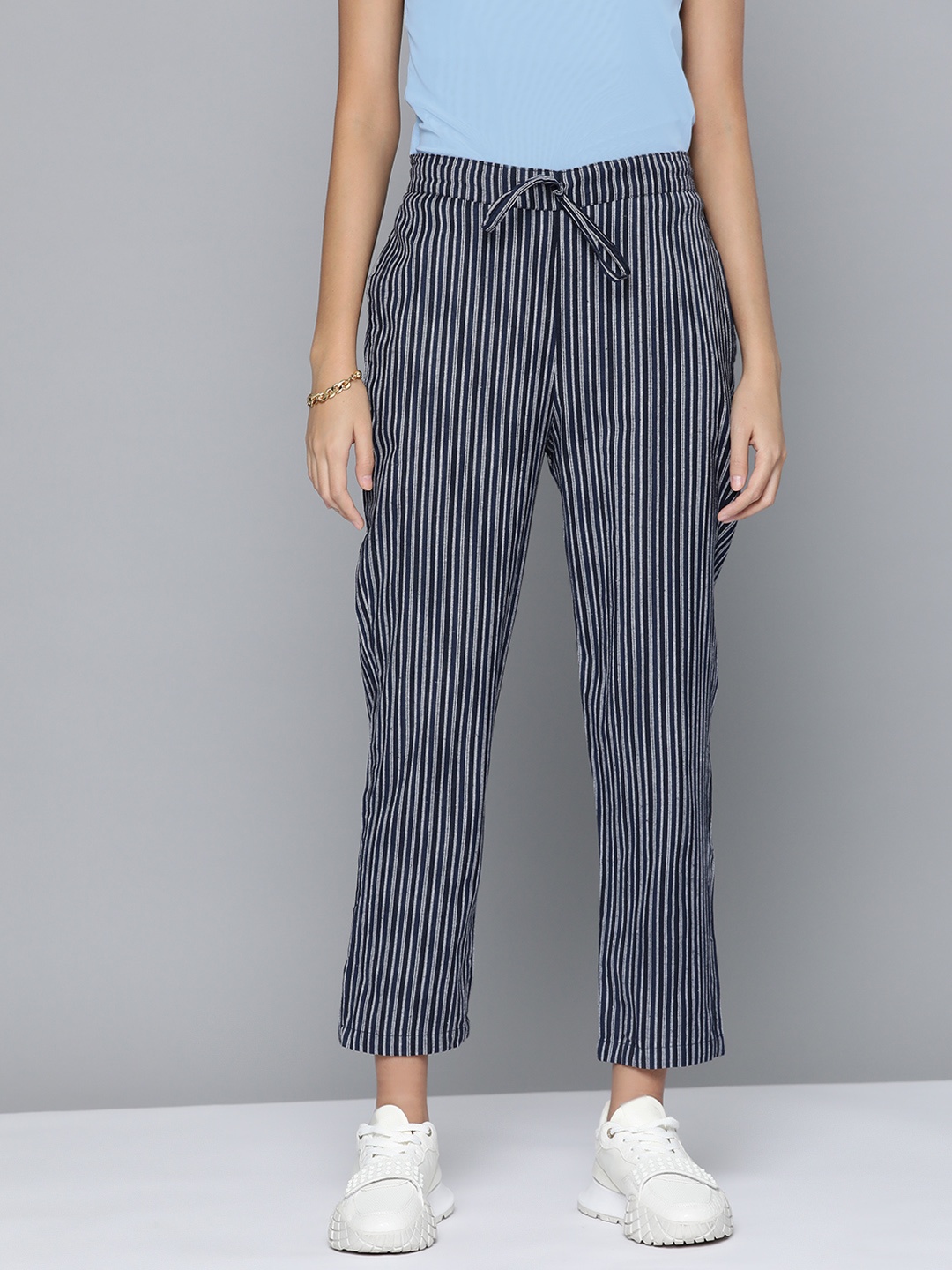 

HERE&NOW Women Striped Cigarette Trousers, Grey