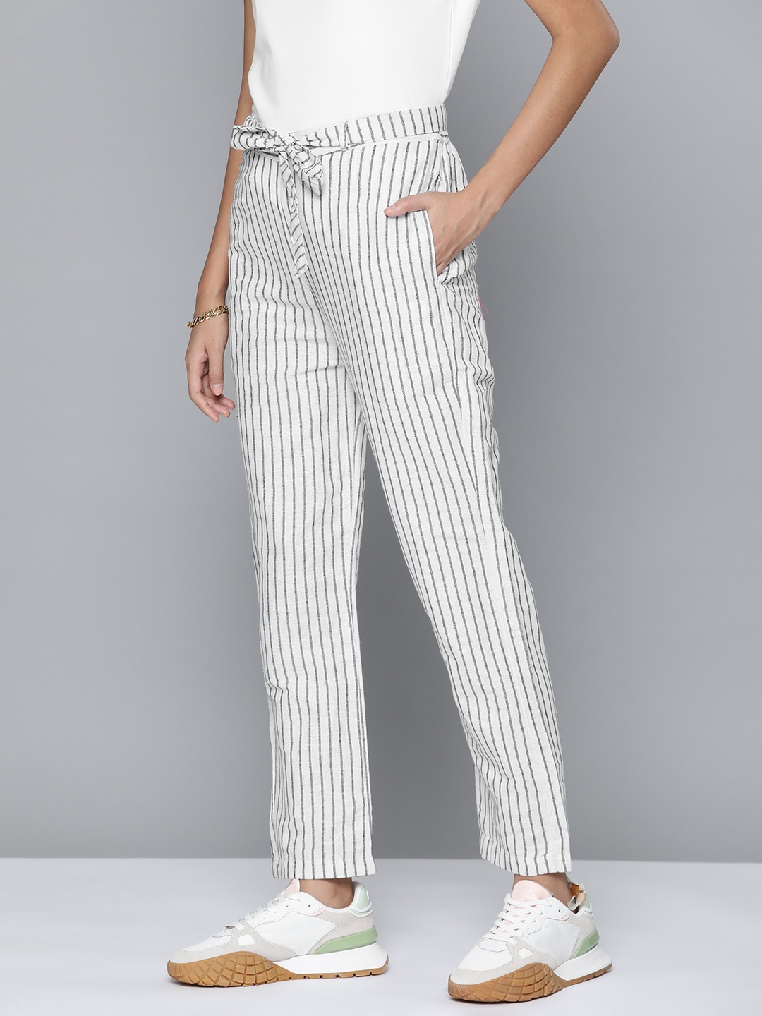 

HERE&NOW Women Striped Cigarette Trousers, White