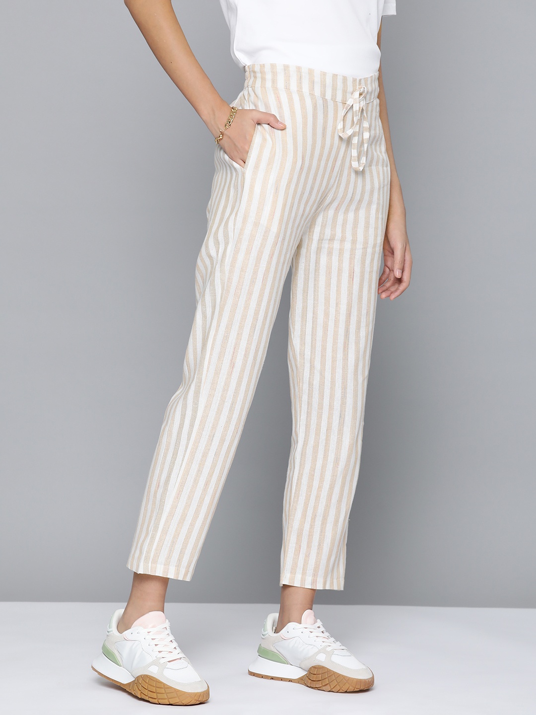 

HERE&NOW Women Striped Cigarette Trousers, Beige